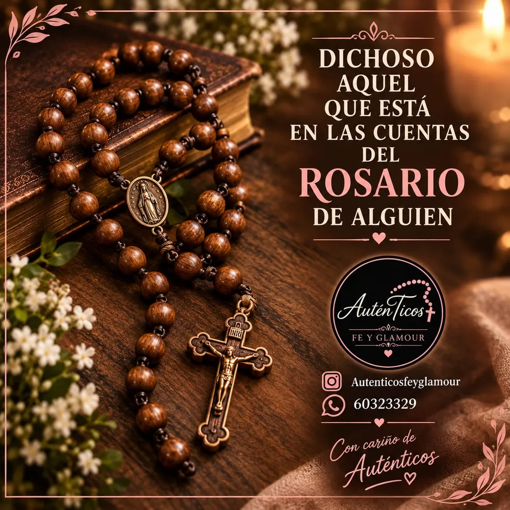 Rosario de madera sobre una Biblia con la frase: dichoso aquel que está en las cuentas del rosario de alguien