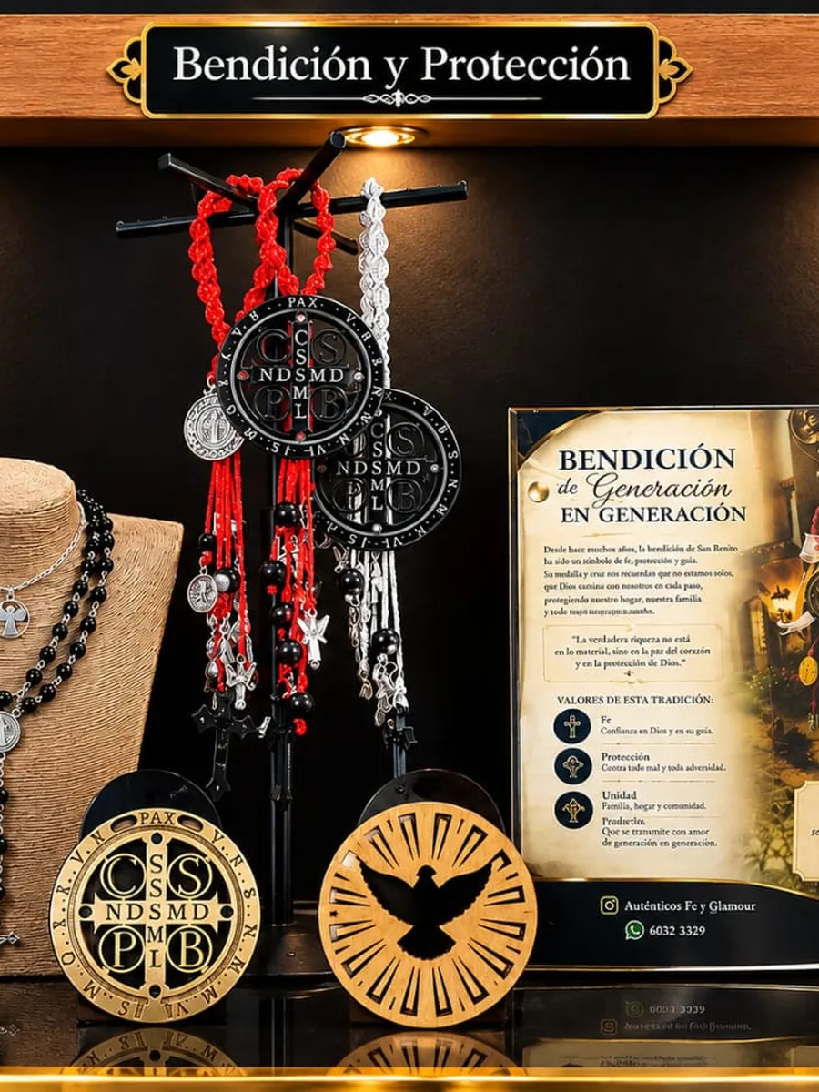 Vitrina de AuténTicos con rosarios, medallas de San Benito y piezas grabadas en madera