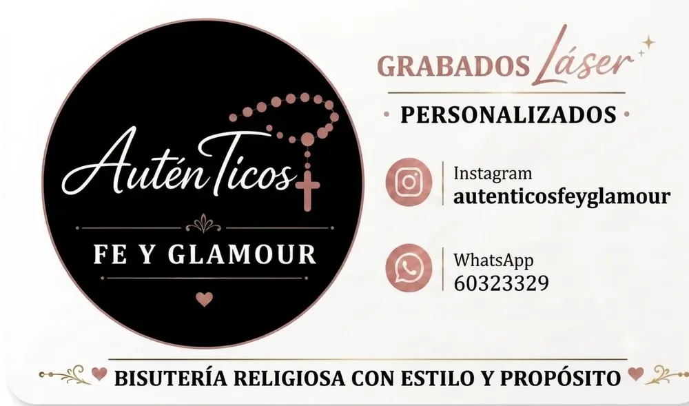 Tarjeta de presentación de AuténTicos, Fe y Glamour: grabados láser personalizados, Instagram y WhatsApp